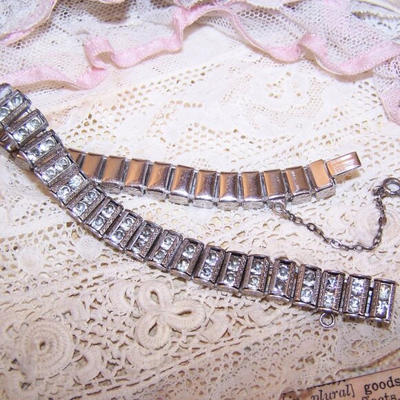 Art Deco Catamore Sterling Silver Rhinestone Line Bracelet - 7" Long - Picture 6 of 11